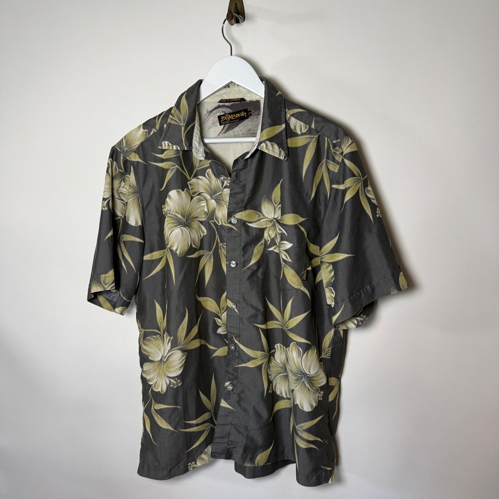 Vintage 90s Billabong Hibiscus Floral Hawaiian Shirt Mens L Grey Beach Surf Y2K
